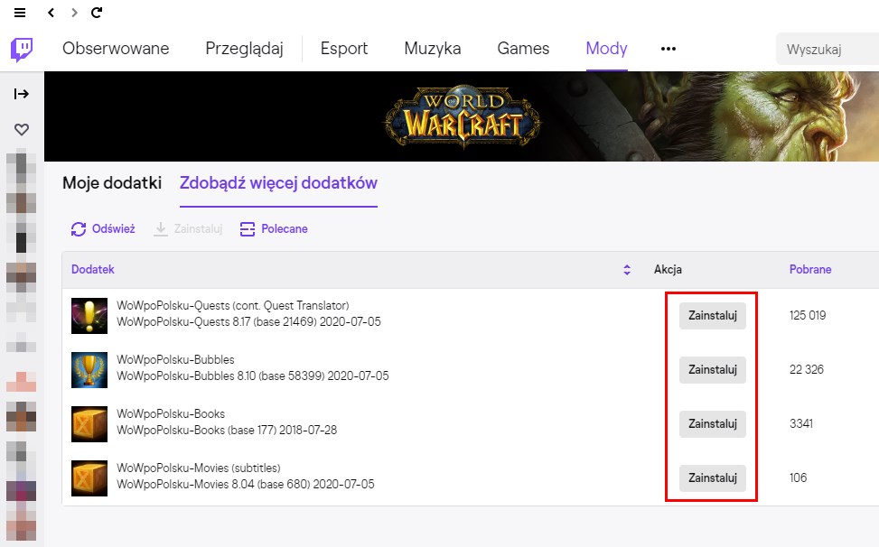 Zainstaluj dodatki WoWpopolsku