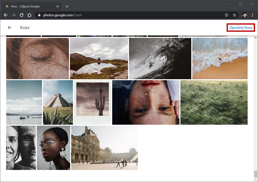 Opróżnij kosz ze Zdjęć Google