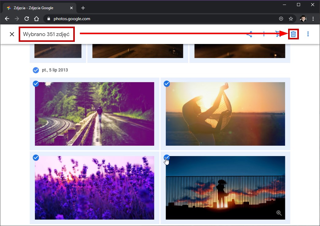 Zaznacz ostatnie zdjęcie i kliknij ikonę usuwania