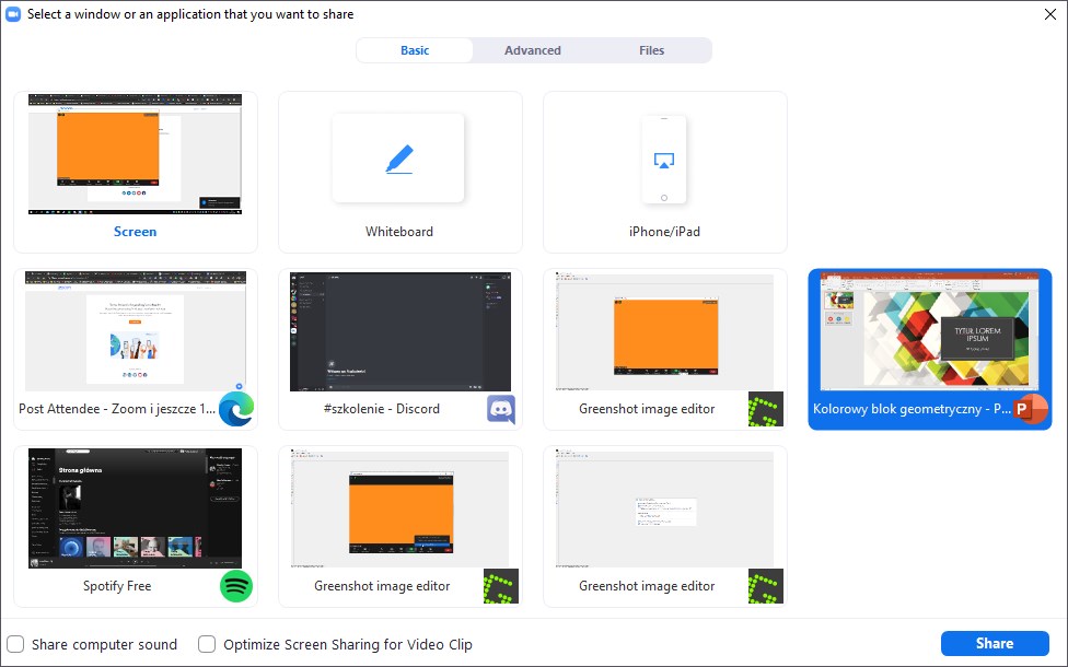Wybierz, co chcesz udostępnić