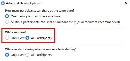 Wybierz, kto może udostępniać ekran w spotkaniu