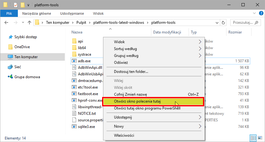 Otwórz okno polecenia w folderze Platform-Tools