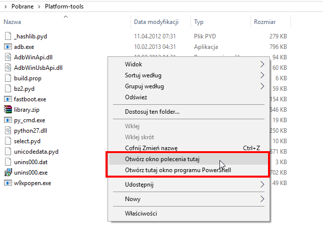 Otwórz okno polecenia w folderze Platform Tools