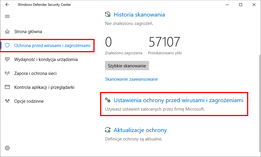 Windows Defender Security Center - przejdź do ustawień