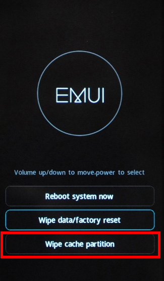Wybierz opcję czyszczenia partycji cache w EMUI