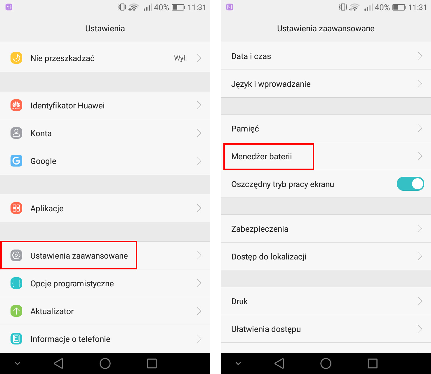 Wejdź do opcji zaawansowanych w Huawei / Honor