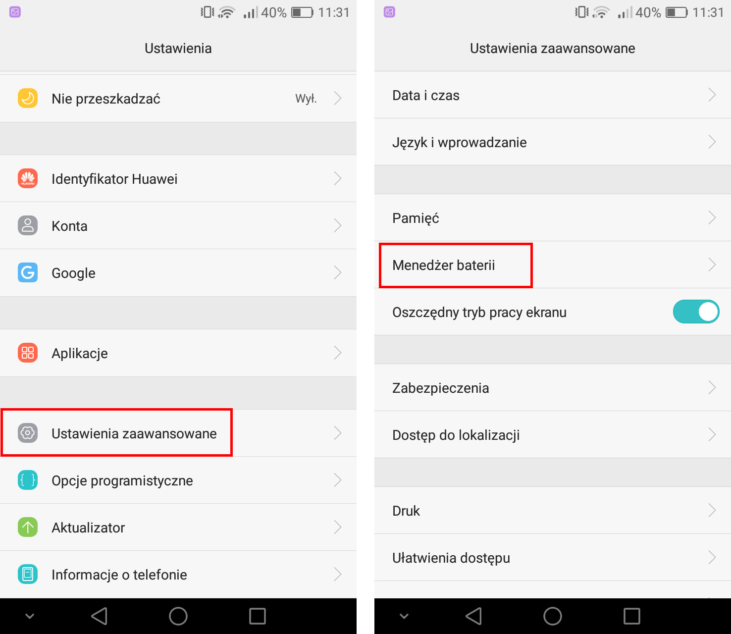 Wejdź do opcji zaawansowanych w Huawei / Honor