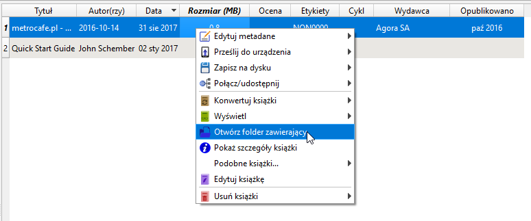 Menu kontekstowe książki w Calibre