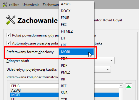 Ustaw MOBI jako domyślny plik docelowy