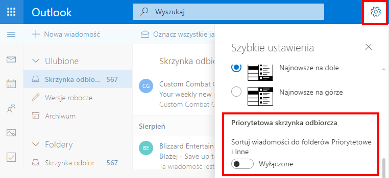 Wyłączanie wiadomości priorytetowych i innych w nowym Outlook.com