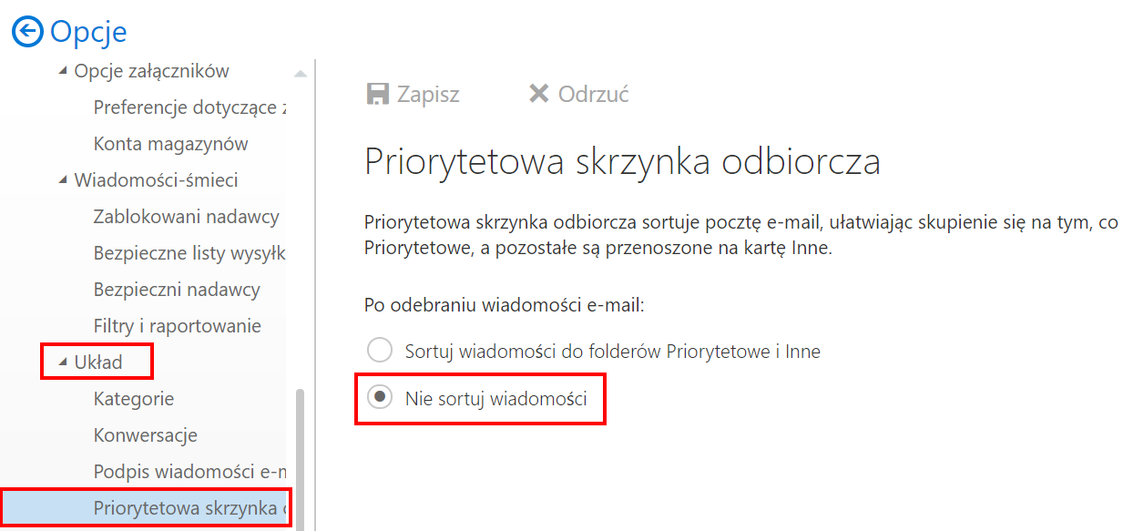 Wyłączanie wiadomości priorytetowych i innych w starym Outlook.com