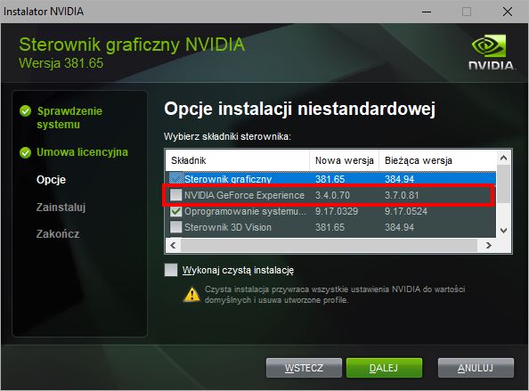 Odznacz GeForce Experience na liście, jeśli nie chcesz go instalować