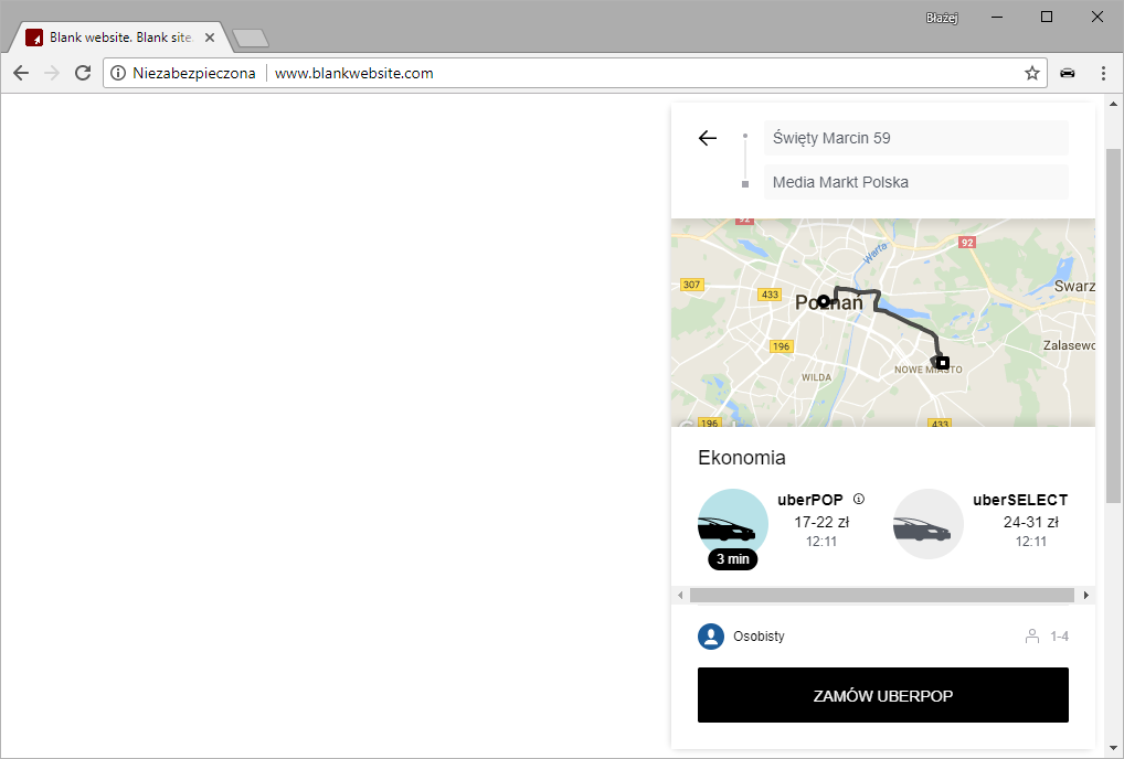 Uber - wyszukiwanie przejazdu