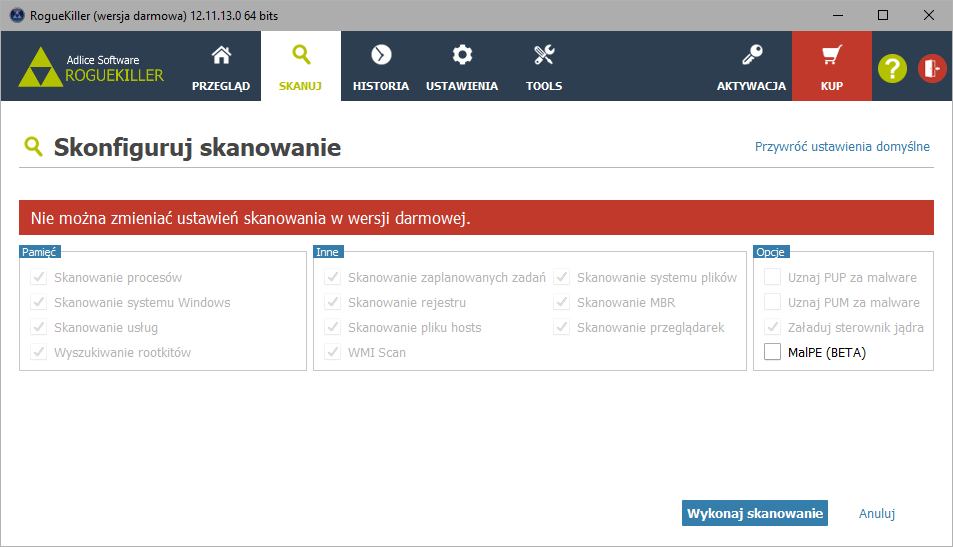 RogueKiller - opcje skanowania