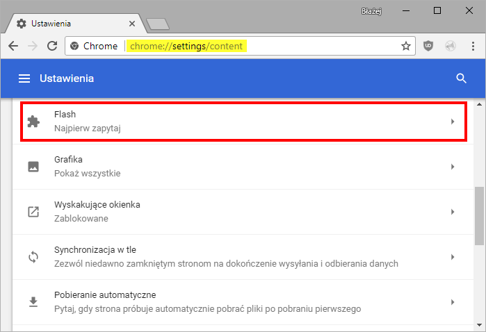 Przejdź do opcji Flash w Chrome