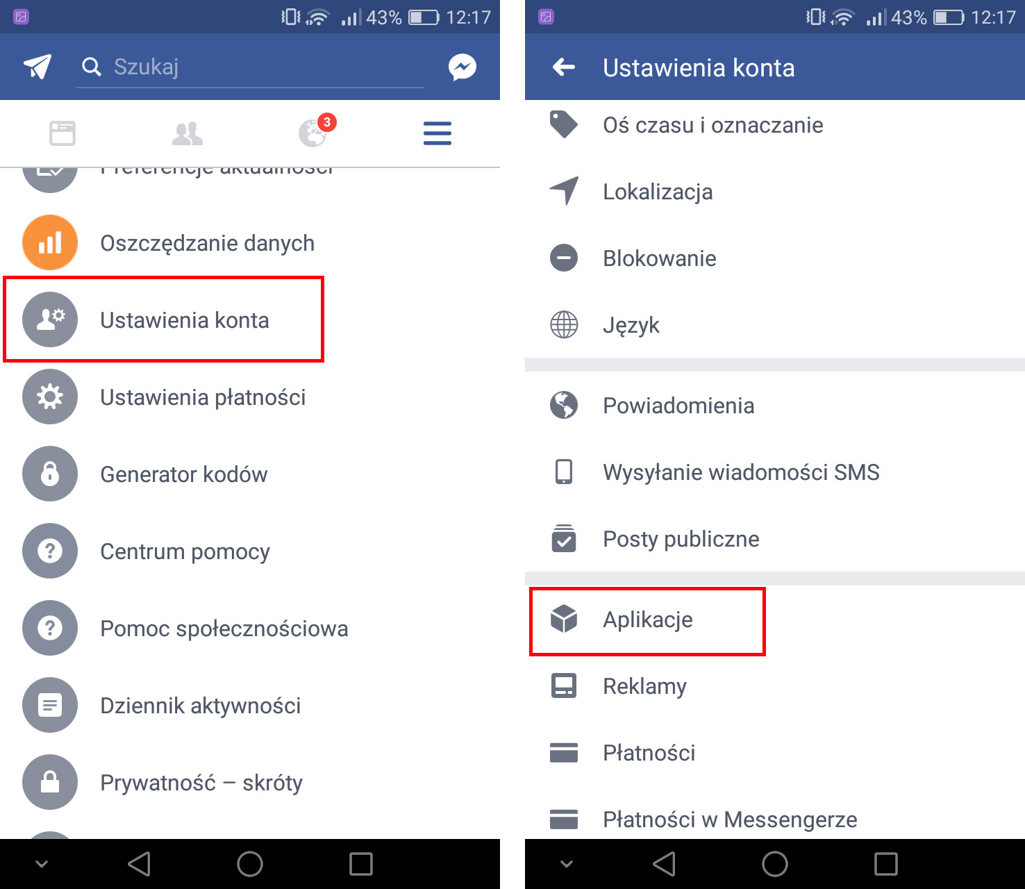 Przejdź do ustawień konta i aplikacji na Facebooku w smartfonie