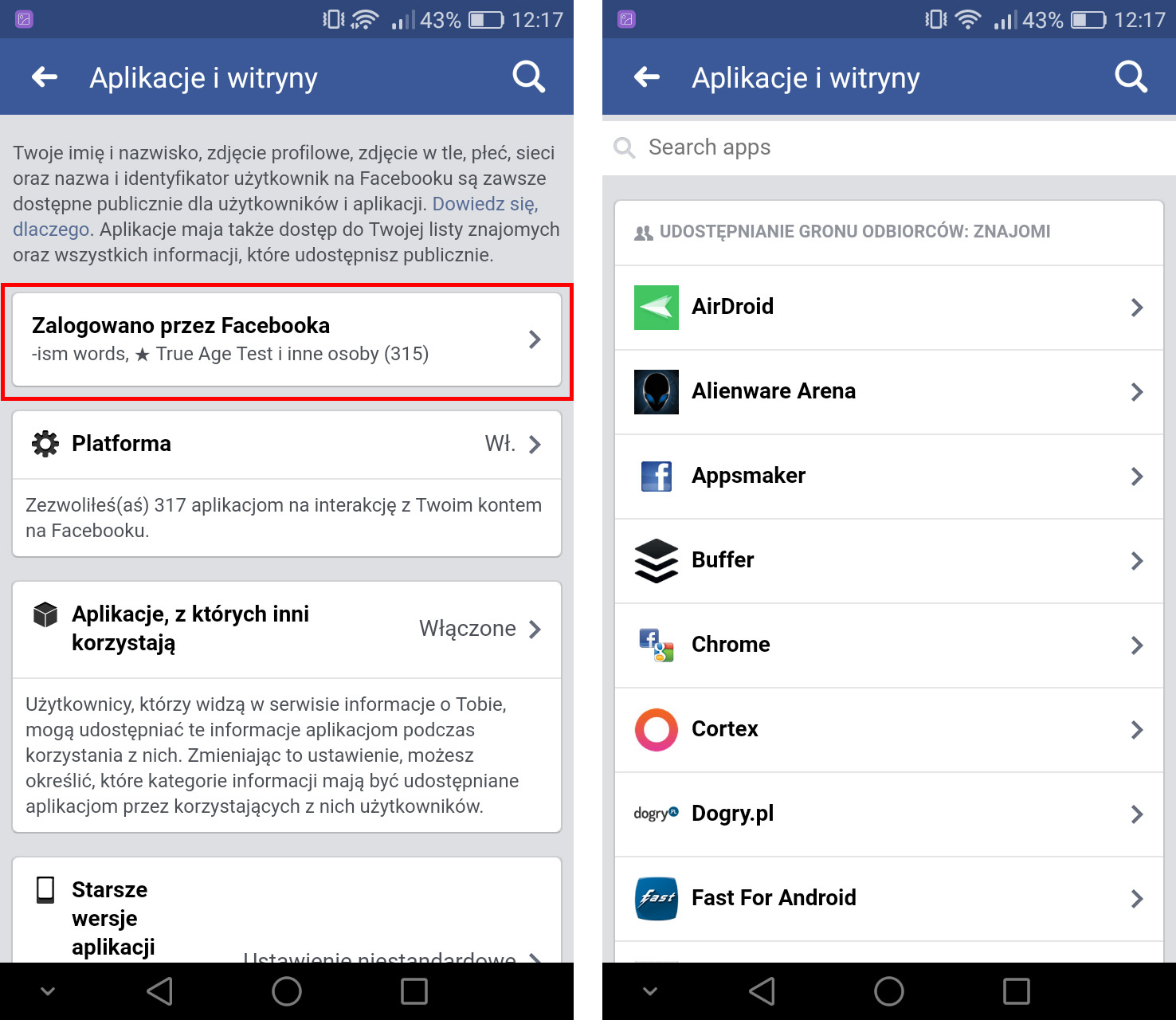 Edycja lub usuwanie aplikacji z konta na Facebooku w smartfonie