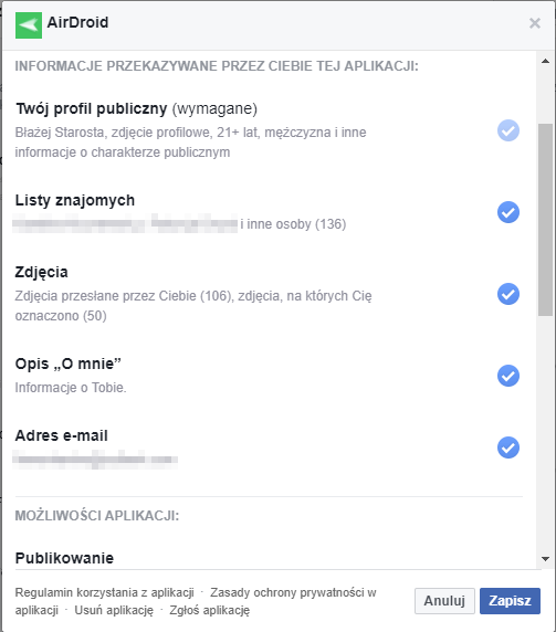 Edycja uprawnień aplikacji na Facebooku