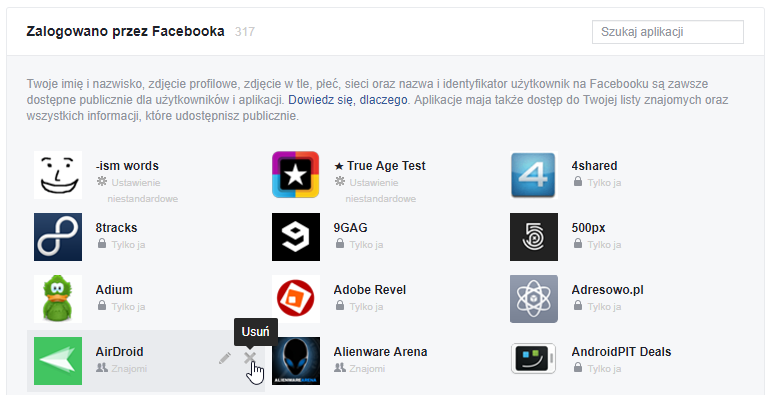 Facebook - usuwanie aplikacji z konta