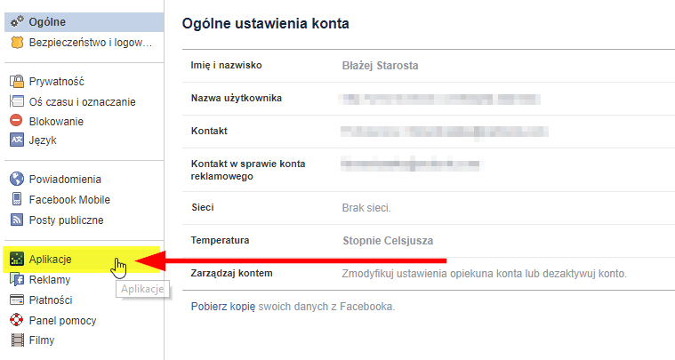 Facebook - przejdź do ustawień aplikacji