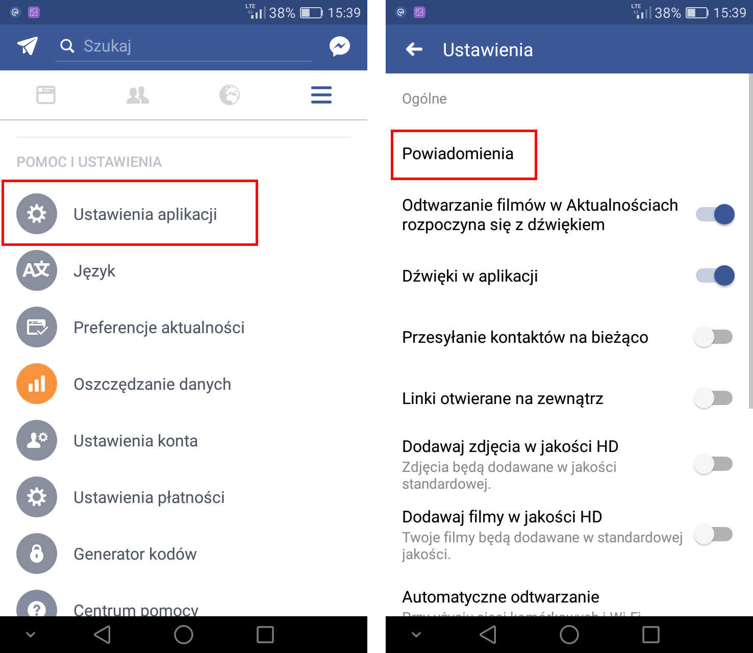 Facebook - wejdź do opcji powiadomień