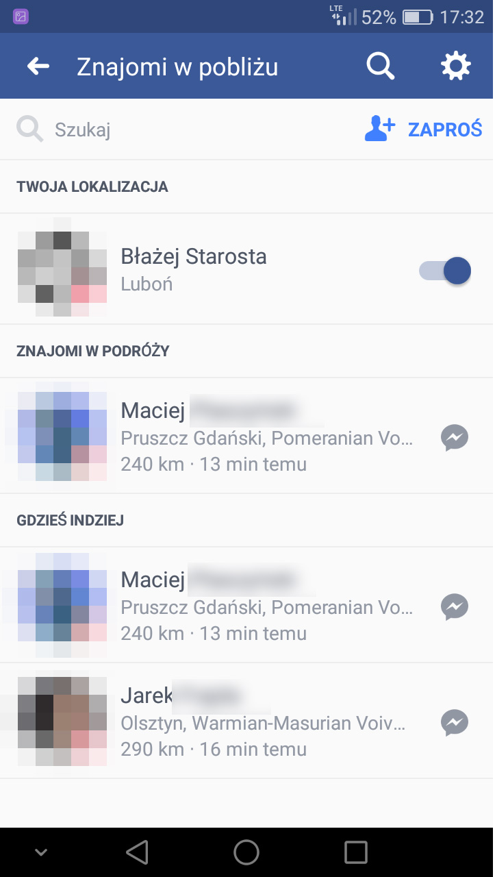 Przeglądanie znajomych w pobliżu