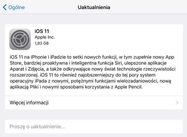 Uaktualnianie do iOS 11 z poziomu ustawień iPhone'a