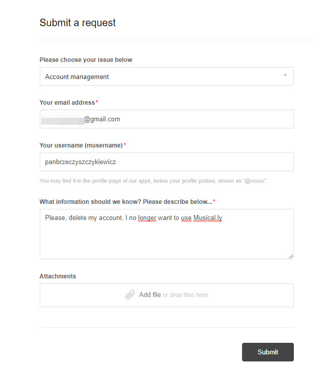 Wyślij prośbę o usunięcie konta Musical.ly