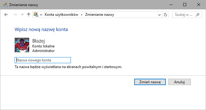 Wpisz nową nazwę użytkownika dla konta lokalnego
