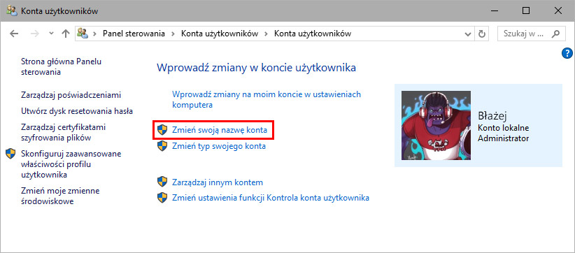 Opcje konta użytkownika w Windows 10