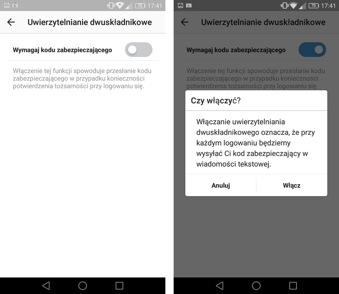 Wymagaj kodu uwierzytelniającego w Instagram