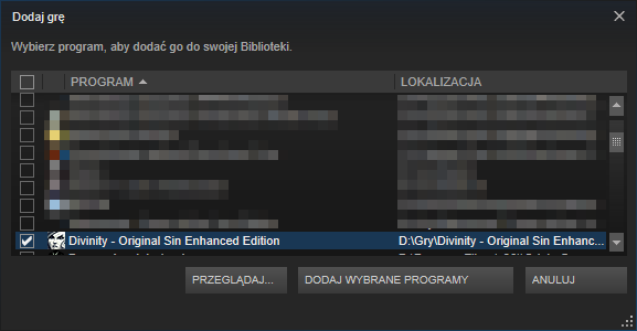 Dodawanie gry spoza Steam - wybór pliku EXE