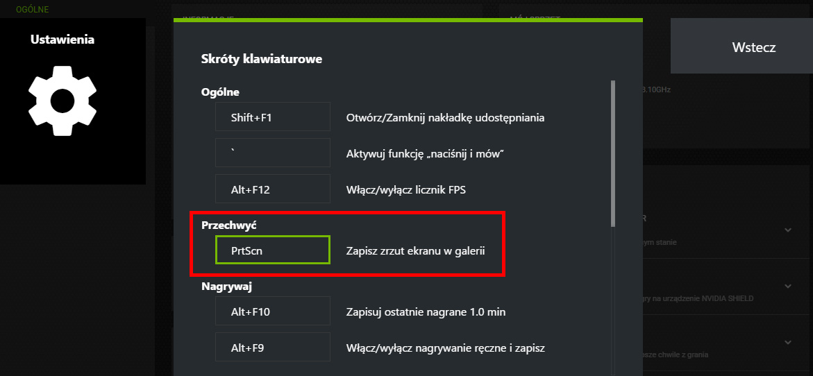 Skróty klawiszowe w GeForce Experience