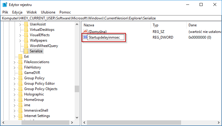 Stworzona wartość DWORD Startupdelayinmsec