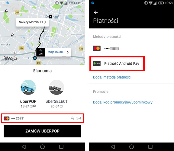 Uber - płatność przez Android Pay