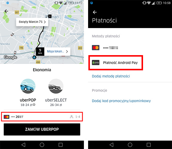 Uber - płatność przez Android Pay