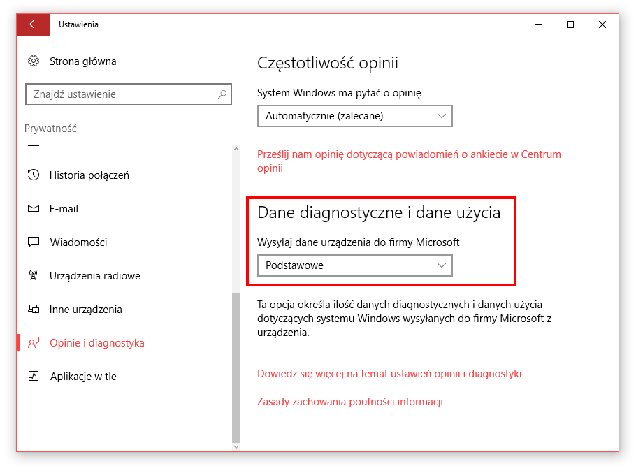 Ogranicz wysyłanie danych diagnostycznych w Windows 10
