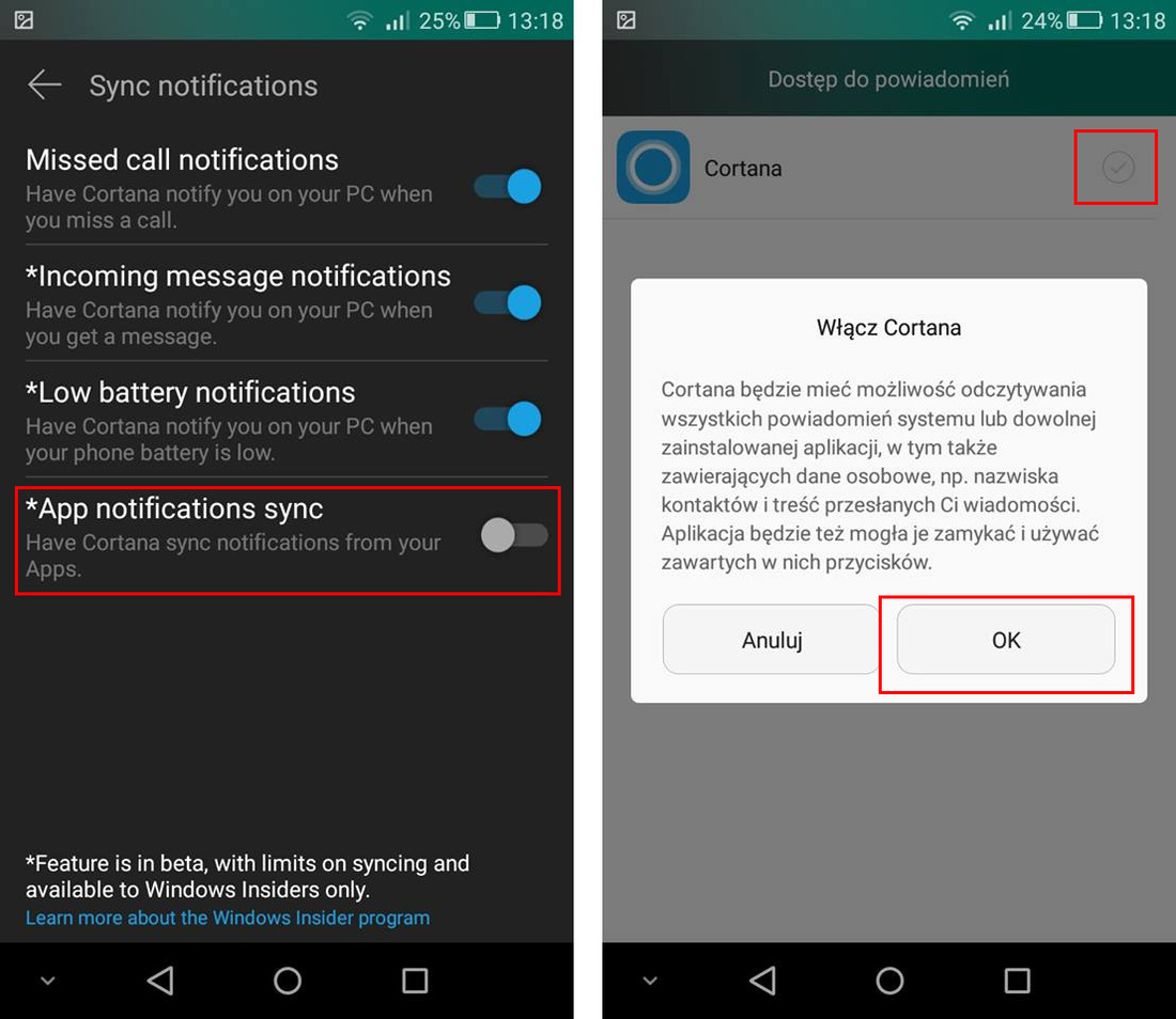 Włącz synchronizację powiadomień w Cortanie w Androidzie