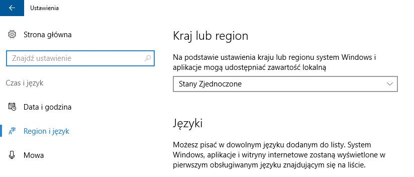 Ustaw region na Stany Zjednoczone w Windows 10