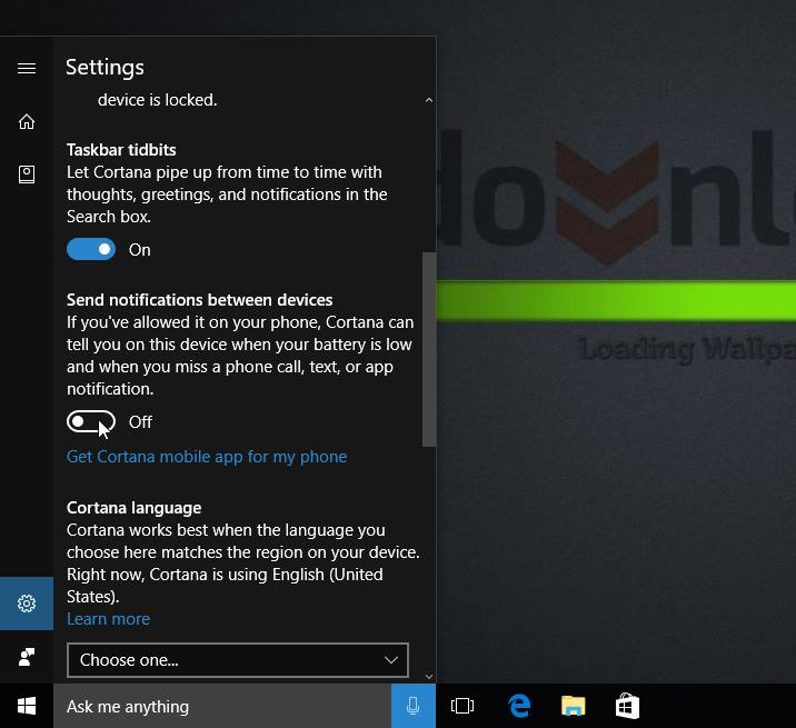 Ustawienia Cortany - aktywacja powiadomień w Windows 10