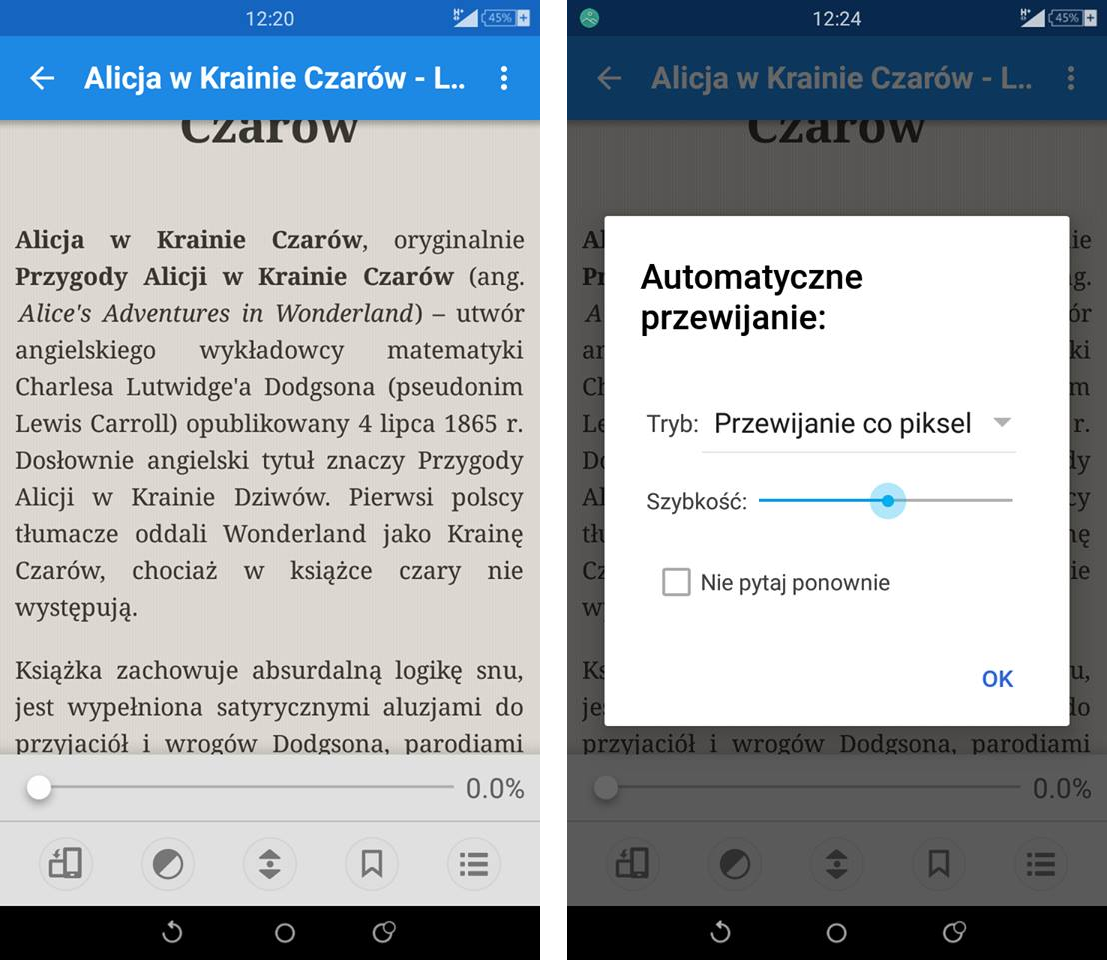 Moon+ Reader - automatyczne przewijanie