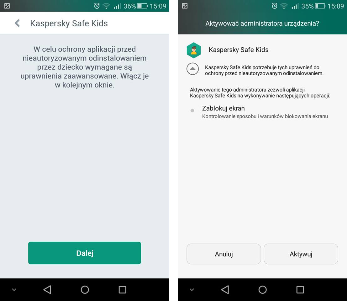 Aktywacja Kaspersky Safe Kids jako administratora