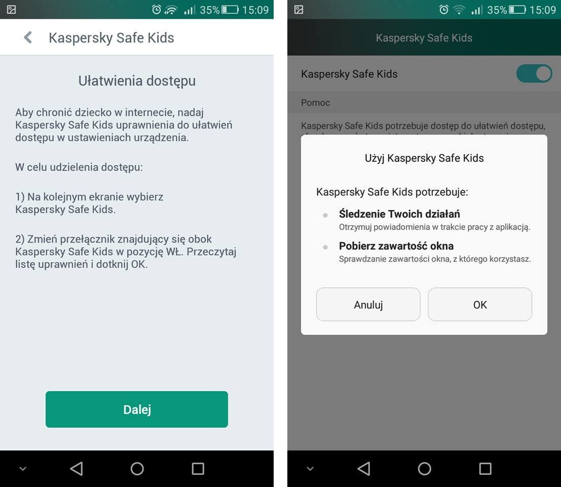 Nadawanie uprawnień aplikacji Kaspersky Safe Kids