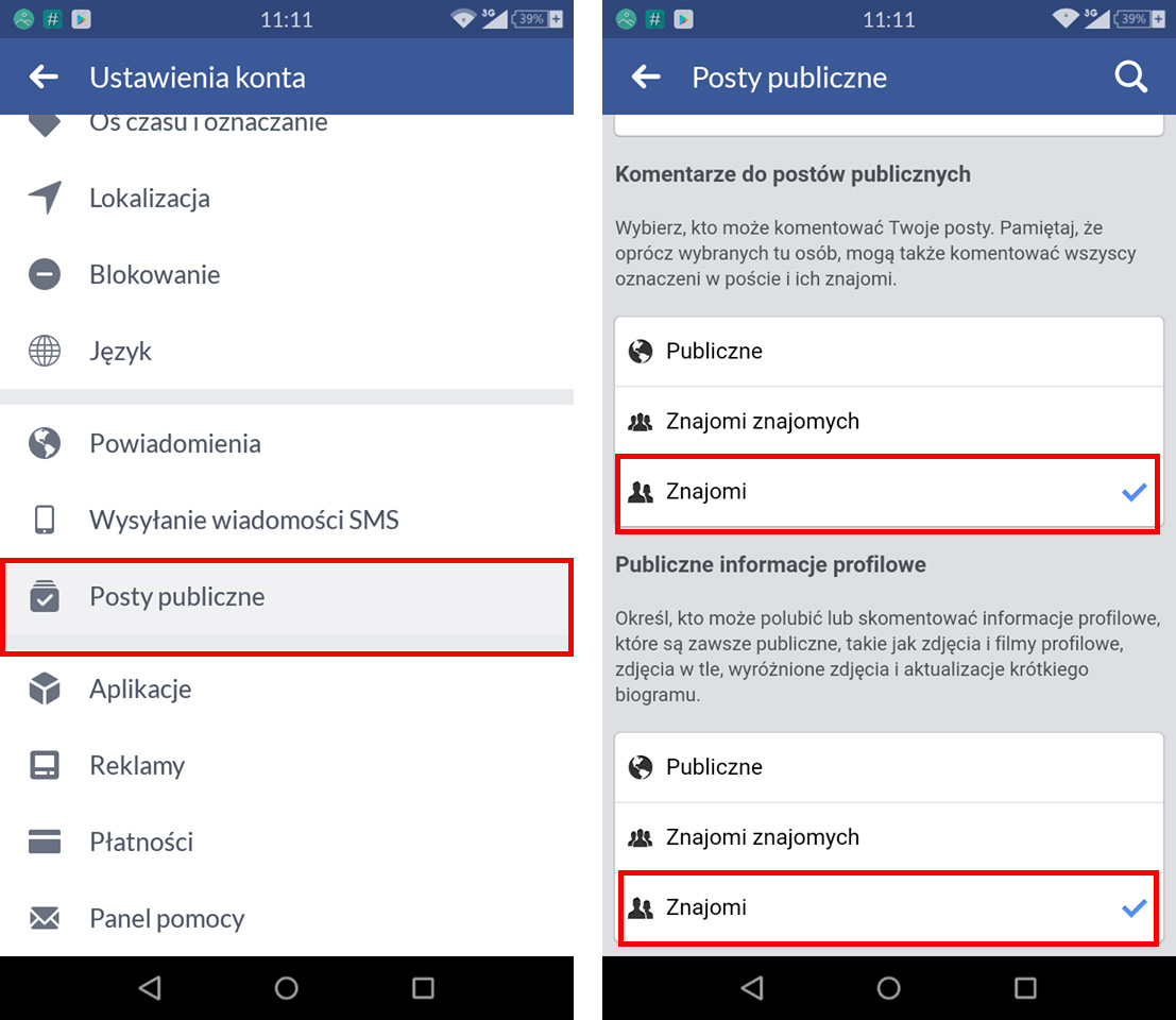 Wyłącz komentarze pod postami publicznymi na FB w Androidzie