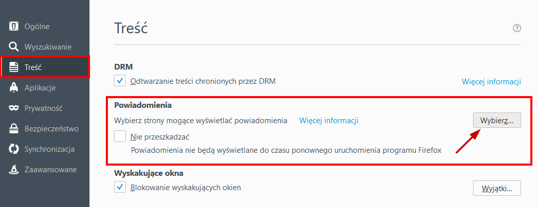 Ustawienia powiadomień w Firefox