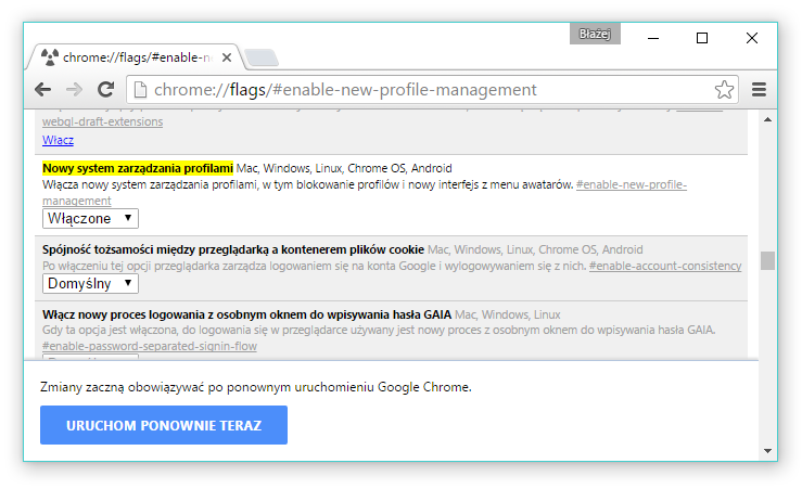 Chrome - włączenie opcji nowego systemu profili