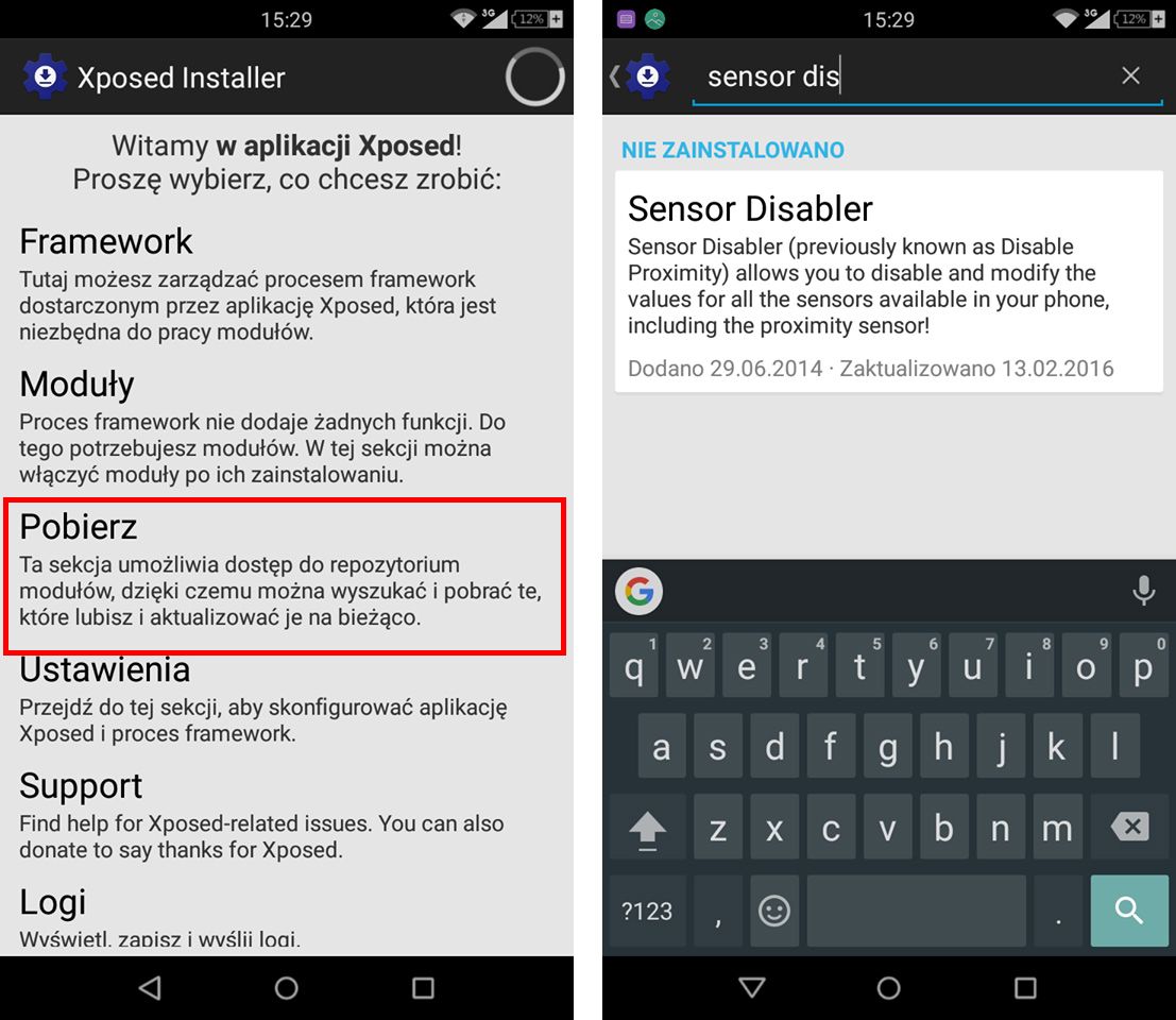 Wyszukiwanie modułu Sensor Disabler w Xposed