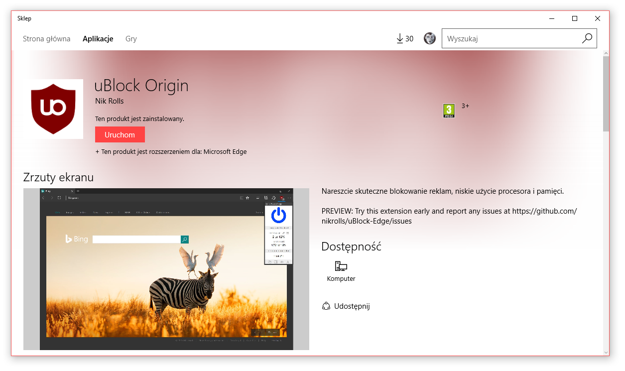 uBlock Origin w Sklepie Windows