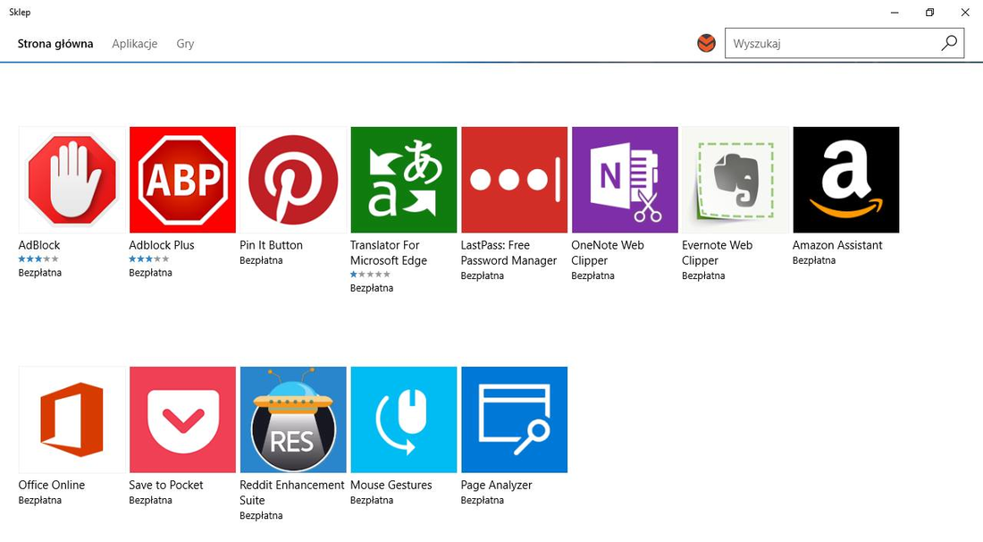 Edge - lista dodatków w Sklepie Windows