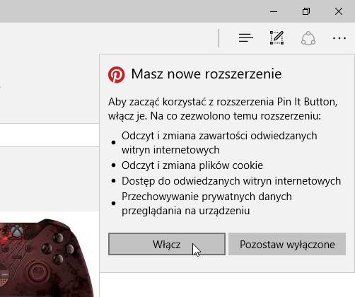 Edge - włącz zainstalowany dodatek